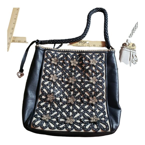 Brighton Black 3-D Floral Applique Weaved Handel Bucket Purse Bag - Picture 8 of 12